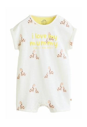 Cream baby romper with small giraffe prints and yellow text "i love my mummy she is the best" on front, short sleeves, and snap buttons.