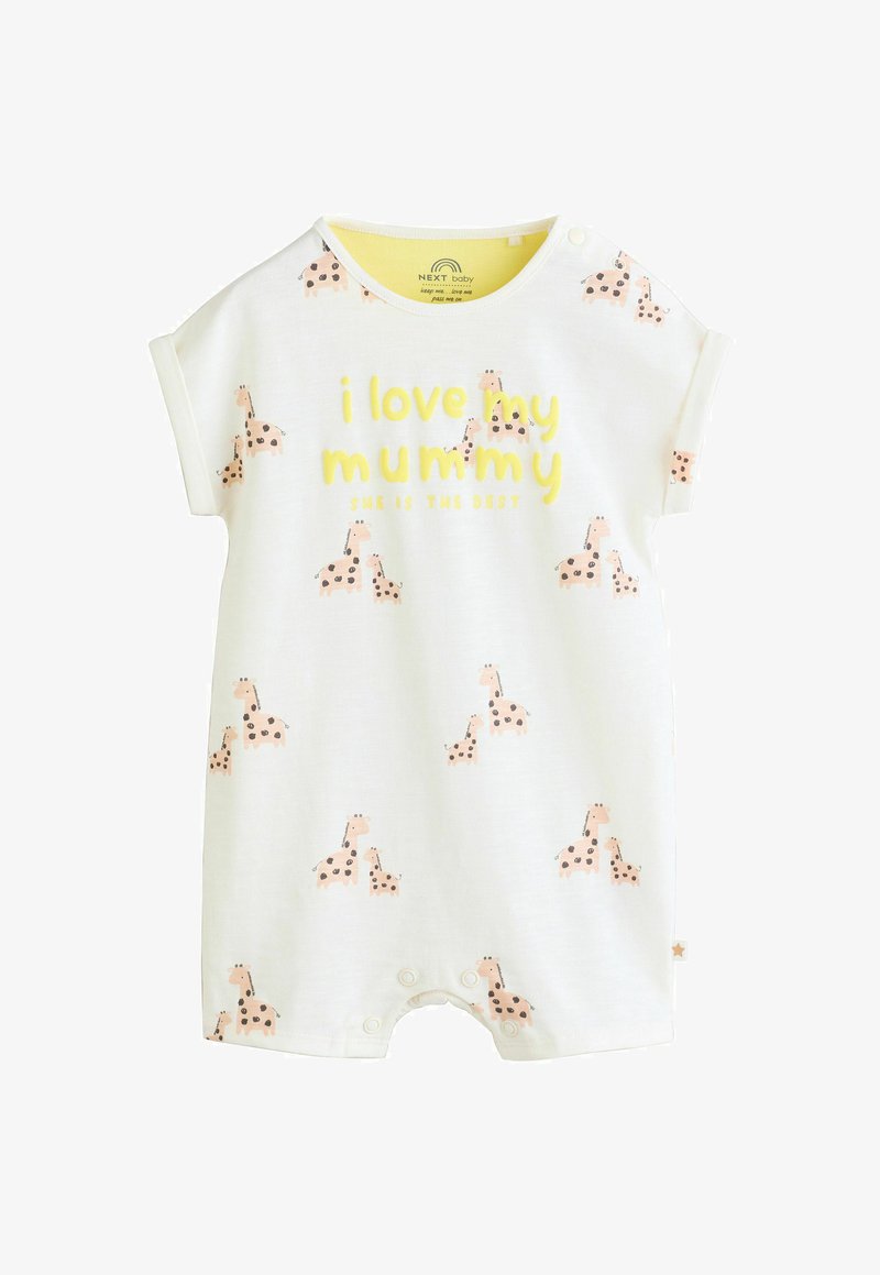 Kremo spalvos kūdikio kombinezonas su mažais žirafų raštais ir geltonu užrašu „Myliu savo mamą, ji yra geriausia“ priekyje, trumpomis rankovėmis ir spaudėmis sagomis.
