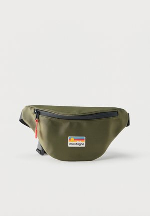 Olive green waist bag with black zipper and red pull, adjustable black strap, and colorful Montagne logo patch on front center.