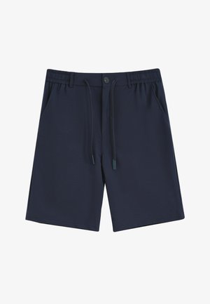 Shorts décontractés bleu marine avec taille élastique, bouton devant, cordon de serrage, passants de ceinture et deux poches latérales.
