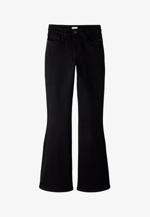 Črne jeans hlače razširjene proti spodnjemu robu z oblikovanim pasom, z zapiranjem na gumbe spredaj, petimi žepi in nežnimi šivi.