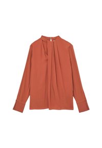 Bluza rjave rješenja z dolgimi rokavi, nabrani sprednji del, okrogel izrez in manšete z gumbi, izdelana iz gladke tkanine.