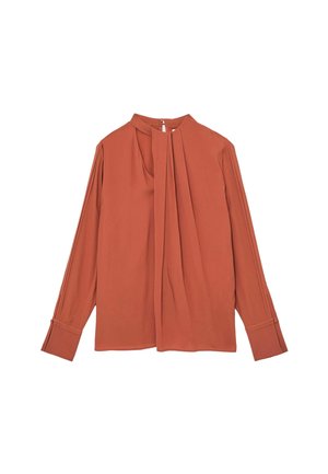 Bluza rjave rješenja z dolgimi rokavi, nabrani sprednji del, okrogel izrez in manšete z gumbi, izdelana iz gladke tkanine.