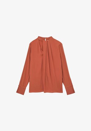 Bluza rjave rješenja z dolgimi rokavi, nabrani sprednji del, okrogel izrez in manšete z gumbi, izdelana iz gladke tkanine.