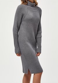 Femme portant une robe grise côtelée en maille, manches longues, longueur genou, col roulé et fente latérale, sur fond uni.