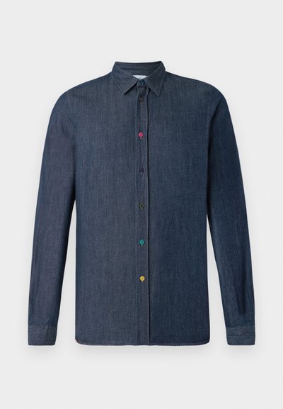 Dark denim shirt with long sleeves, classic collar, and vibrant multicolored buttons along the front. Smooth texture.