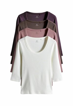 Set di cinque maglie a manica lunga in diverse tonalità: bianco, malva, marrone chiaro, marrone scuro e prugna. Morbido tessuto a coste e scollatura a barchetta.