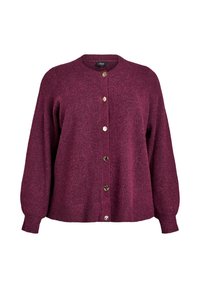 Burgundský cardigan z měkké pleteniny, s kulatým výstřihem, dlouhými rukávy a kovovými knoflíky vpředu. Uvolněný střih.