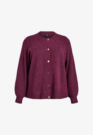 Bordo kardigan, mis on valmistatud pehmest kudumkangast, ümmarguse kaelusega, pikkade varrukatega ja metallnupudega ees. Loodud mugavaks istuvuseks.