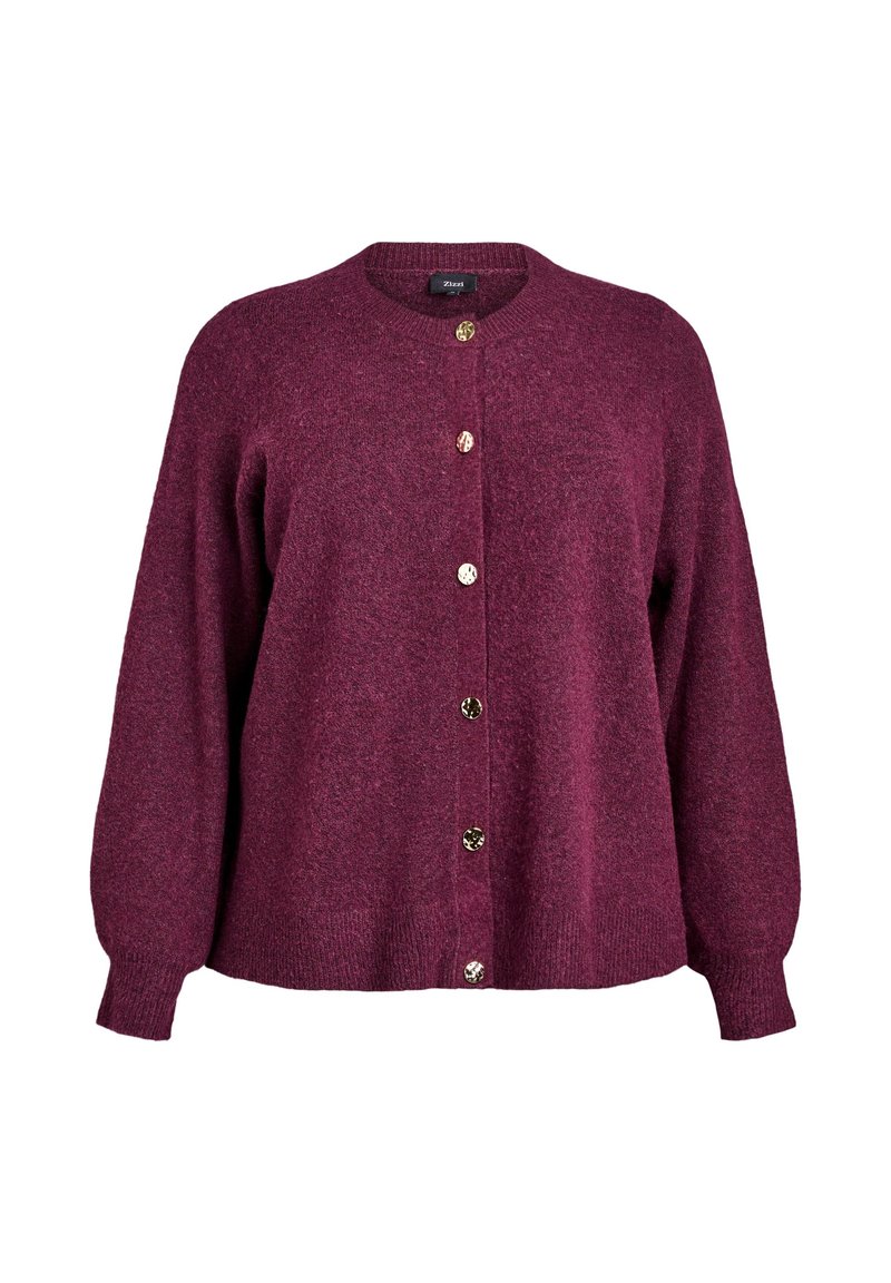 Burgundský cardigan z měkké pleteniny, s kulatým výstřihem, dlouhými rukávy a kovovými knoflíky vpředu. Uvolněný střih.