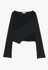 Black cropped long-sleeve top featuring a textured, layered design with raw edges. Fabric appears ribbed and has a slight stretch.