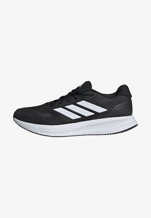Black athletic shoe with white stripes, mesh upper, cushioned sole, and textured accents. Features a lace-up design and brand logo on the tongue.