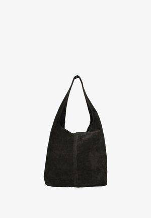 Donker suede hobo tas met een gebogen bovenkant en brede band. Heeft een enkele naad in het midden, een zachte textuur en een minimalistisch ontwerp.