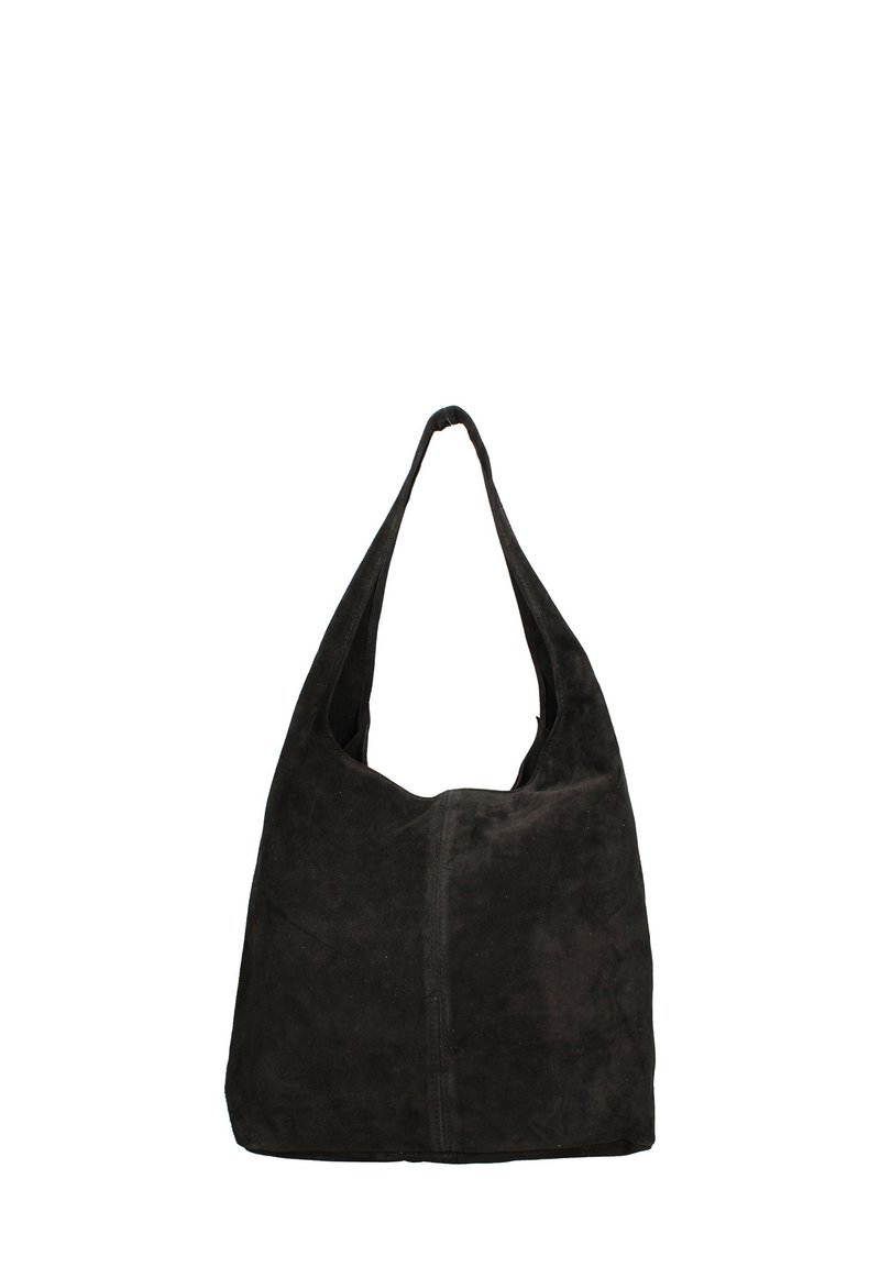 Donker suede hobo tas met een gebogen bovenkant en brede band. Heeft een enkele naad in het midden, een zachte textuur en een minimalistisch ontwerp.