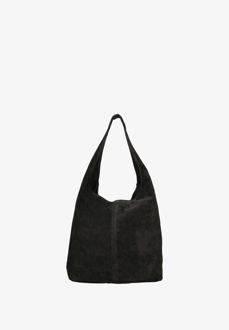 Donker suede hobo tas met een gebogen bovenkant en brede band. Heeft een enkele naad in het midden, een zachte textuur en een minimalistisch ontwerp.