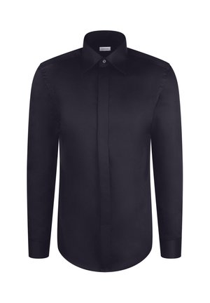 Camicia da uomo nera a maniche lunghe con bottoni nascosti, colletto ampio e orlo arrotondato.