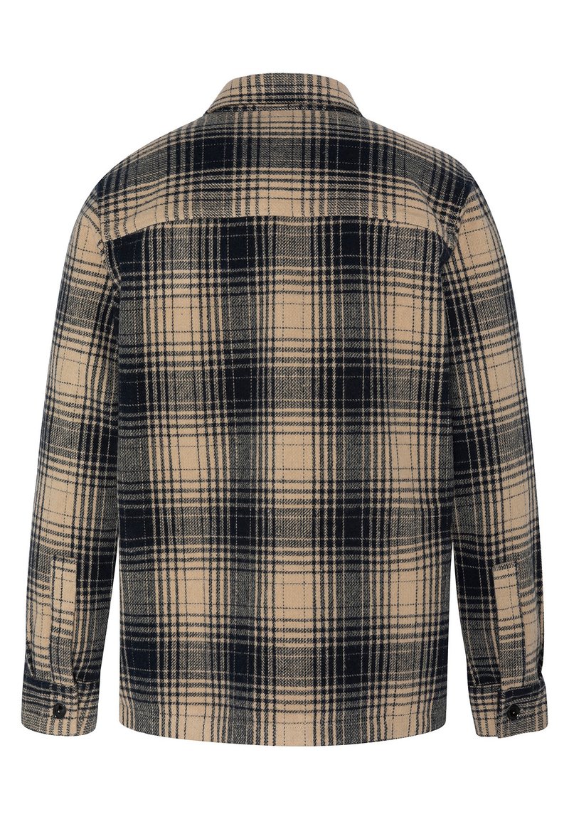 Camicia a maniche lunghe a quadri beige e nera con polsini abbottonati, vista dal retro.