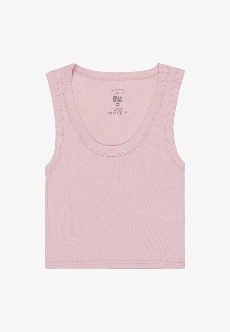 Pink ribbed tank top with a round neckline and wide shoulder straps. Casual style, featuring a tag at the back, made of soft cotton material.