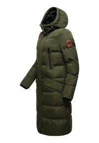 Long green puffer coat with a hood, featuring a zippered pocket, side pockets, and a brown logo patch on the sleeve. Soft fabric texture.