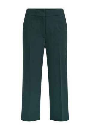 Zelené kalhoty s volným střihem vyrobené z hladké látky. Mají středně vysoký pas a dvě přední kapsy. Čistý design bez ozdob.