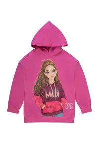 Felpa rosa con un grande grafico di una ragazza con i capelli lunghi, un testo "hello" e maniche a contrasto di una tonalità di rosa più scura.