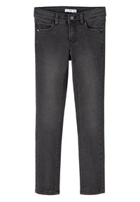 Jeans de denim ajustados negros con cinco bolsillos, costuras en el mismo tono, cierre frontal con botón y ligeras desgastes para añadir textura.