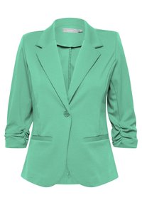 Zelený blazer se strukturovaným střihem, klopovými límci, zapínáním na jeden knoflík a řasením na rukávech; dvě přední kapsy.