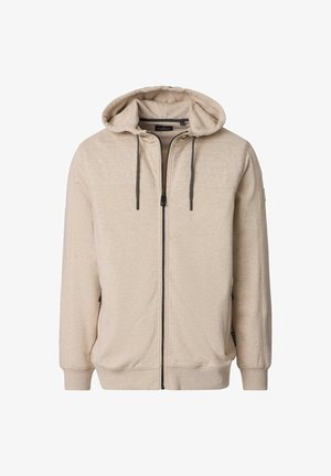 Hellbeige Kapuzenjacke mit Reißverschluss, Kapuze, grauen Kordeln, Seitentaschen und gerippten Bündchen. Weicher Stoff mit dezenter Struktur.