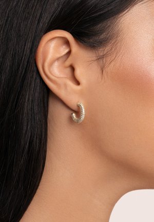 Orecchino a cerchio dorato con una forma curvata, caratterizzato da una superficie impreziosita da piccoli gemme trasparenti, esposto su uno sfondo di pelle liscia.