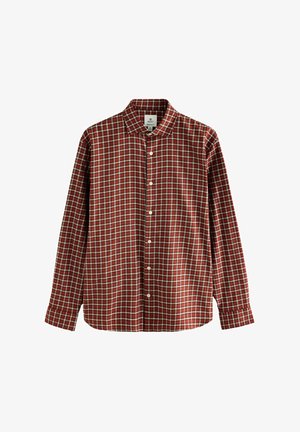 Cămașă cu mânecă lungă, în carouri roșii și albe, cu guler, mărime medie, croială obișnuită, așezată plat pe un fundal alb.