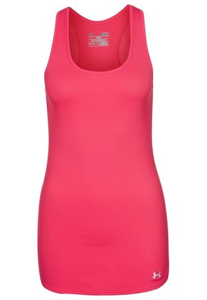Helles pinkfarbenes, ärmelloses Sport-Top mit Racerback und kleinem weißen Under Armour-Logo nahe dem Saum.