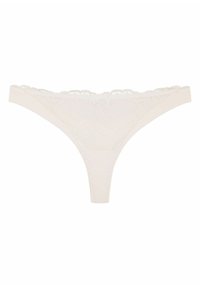 Spitzen-Tanga in Off-White mit Blattmustern. Verfügt über einen zarten gewellten Bund und eine glatte Stoffstruktur. Minimalistisches Design.