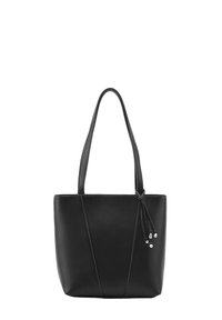 Borsa tote in pelle nera con cuciture verticali a contrasto, manici lunghi e pendente decorativo con tre perline metalliche. Texture liscia.