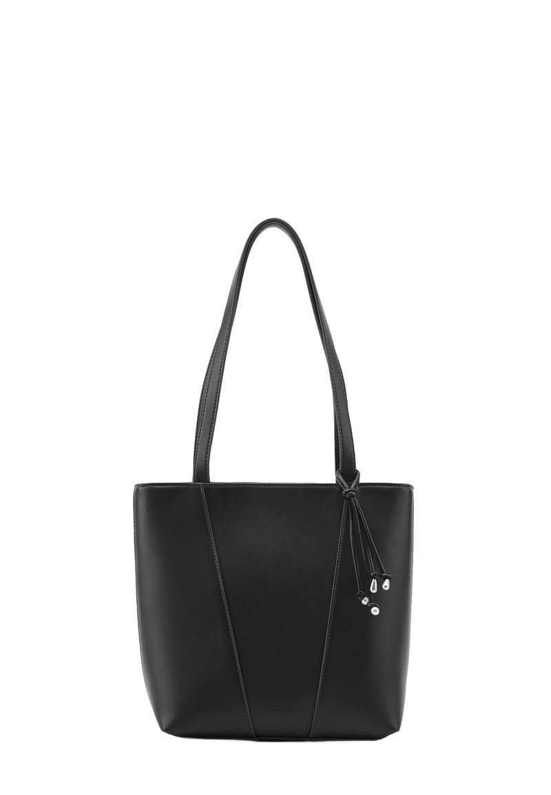 Borsa tote in pelle nera con cuciture verticali a contrasto, manici lunghi e pendente decorativo con tre perline metalliche. Texture liscia.