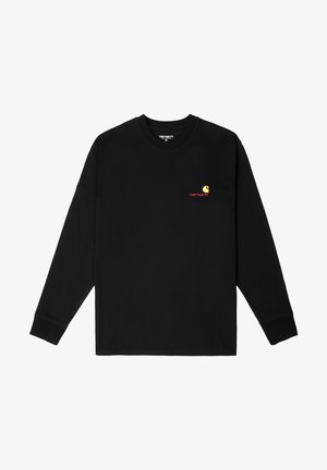 Long-sleeve black t-shirt made of cotton, featuring a small yellow logo on the left chest and ribbed cuffs for a fitted look.