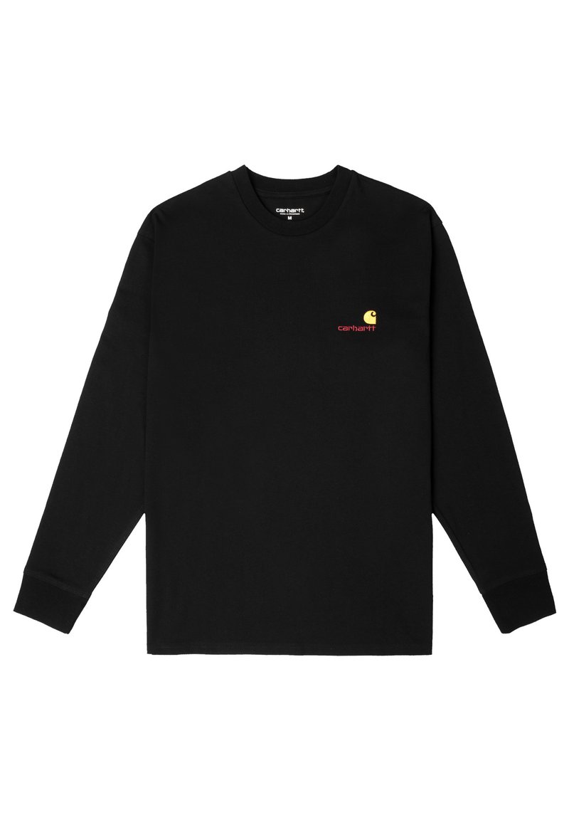 Zwarte longsleeve t-shirt van katoen, met een klein geel logo op de linker borst en geribde manchetten voor een strakke pasvorm.