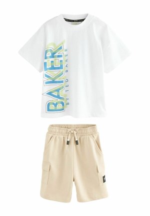 White T-shirt featuring blue and green graphic text "BAKER by TED BAKER." Paired with beige shorts with elastic waistband and side pockets.