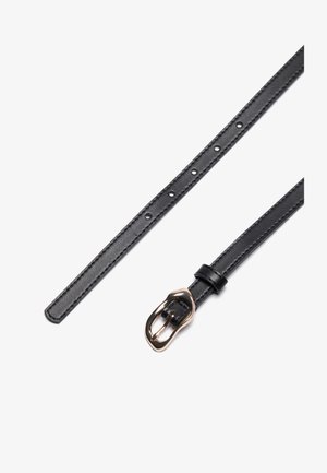 Black leather belt with a narrow design, featuring a shiny gold-tone metal buckle and several adjustment holes along the strap.