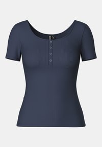 Navy blue ribbed short-sleeve top with scoop neckline and four small metal snap buttons on the front center.