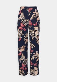 Mörkblå vida byxor med ett mönster av rosa och beige blommor och fjärilar, hög midja och avslappnad passform.