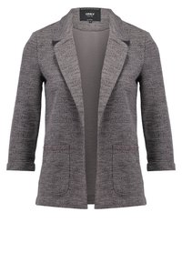 Szara marynarka o fakturze z wyciętym klapą, rękawami do ćwiartki, dwoma przednimi kieszeniami i gładkim, wewnętrznym wykończeniem. Casualowy design.