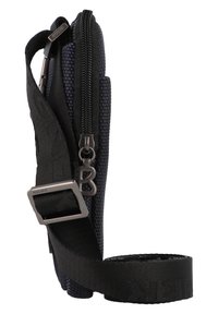 Black woven fabric crossbody bag with zipper closure, adjustable strap, and silver-tone hardware; features a sleek, elongated shape.