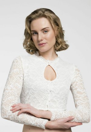 Witte kanten blouse met een sleutelgat-neklijn, lange mouwen en een knoopsluiting. Delicate bloemenpatronen en gestructureerde stof zijn opvallend.