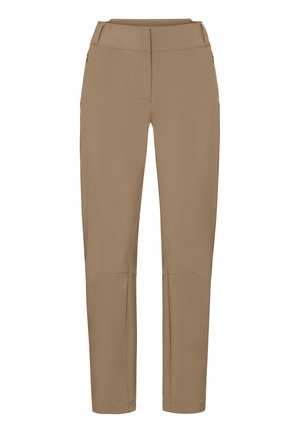 Pantaloni color marrone chiaro a gamba affusolata con fronte piatto, tasche laterali e dettagli con cuciture sulle ginocchia, progettati per un uso casual o all'aperto.