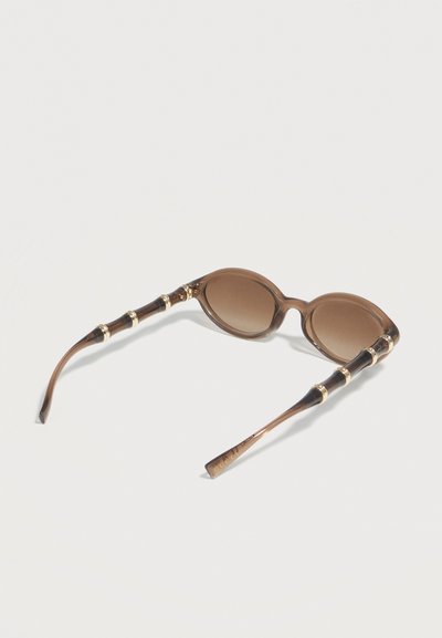 Lunettes de soleil ovales marron avec verres dégradés et branches de style bambou ornées d'accentuations en anneaux dorés, posées sur une surface blanche.