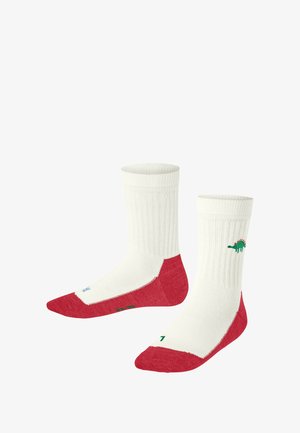 Weiße Socken mit roten Fersen- und Zehenbereichen. Rippendesign mit grüner Dinosaurier-Stickerei und verspielten Farbakzenten an der Socke.