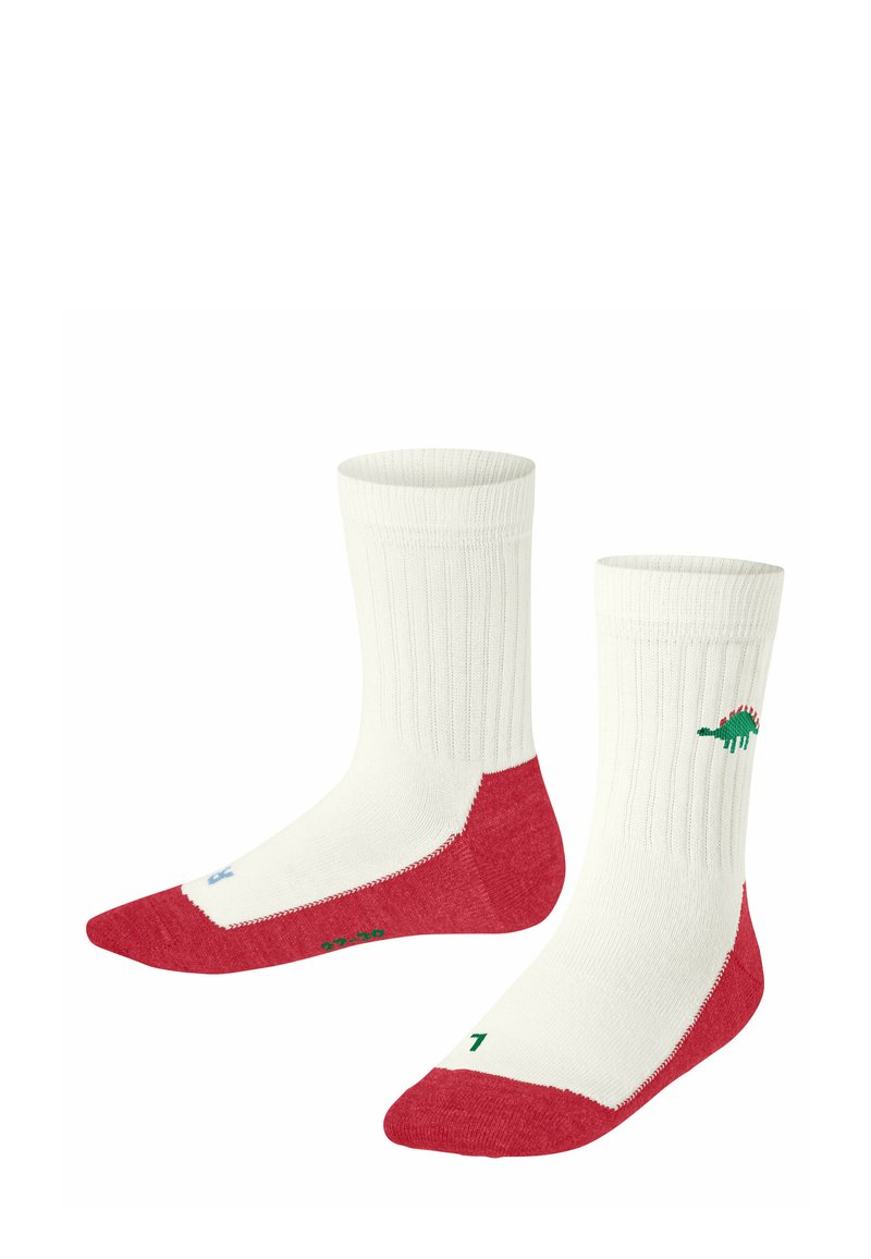 Białe skarpetki z czerwonymi piętami i palcami. Żebrowany wzór z haftem zielonego dinozaura oraz zabawnymi kolorowymi akcentami na stopie.
