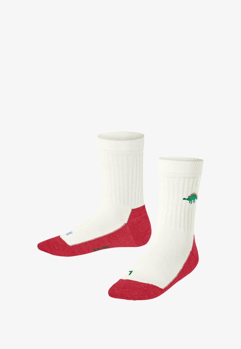 Białe skarpetki z czerwonymi piętami i palcami. Żebrowany wzór z haftem zielonego dinozaura oraz zabawnymi kolorowymi akcentami na stopie.