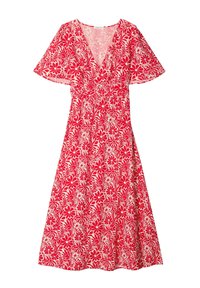 Robe à imprimé floral rouge avec des manches courtes volantées, un décolleté en V profond et une taille ajustée. Fabriquée en tissu léger, elle présente des motifs de fleurs blanches intricats.