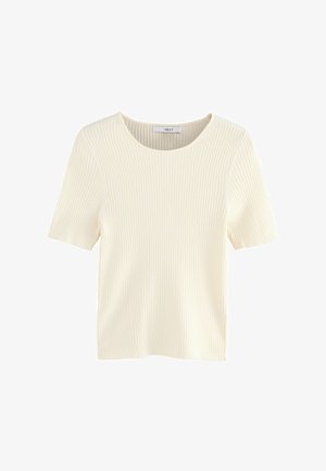 Kraťasový top v světlé smetanové barvě s žebrovanou texturou, kulatým výstřihem a mírně přiléhavým střihem. Vyrobeno z měkké, elastické tkaniny.